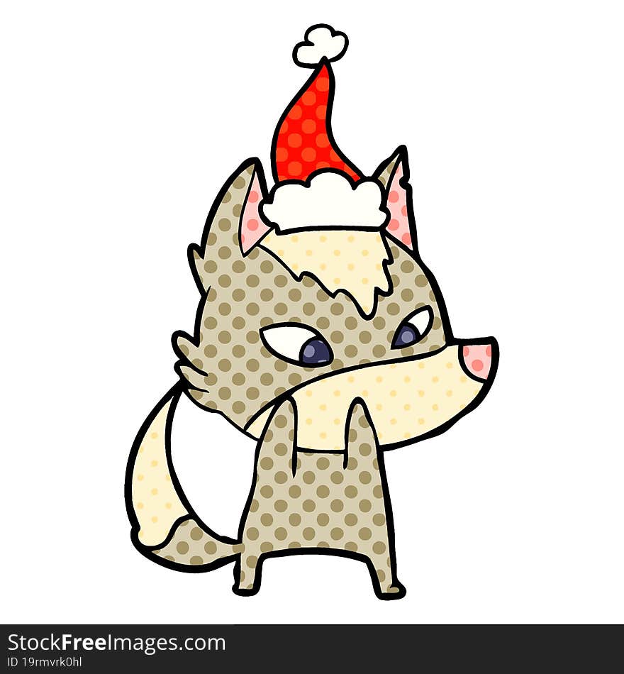 shy comic book style illustration of a wolf wearing santa hat