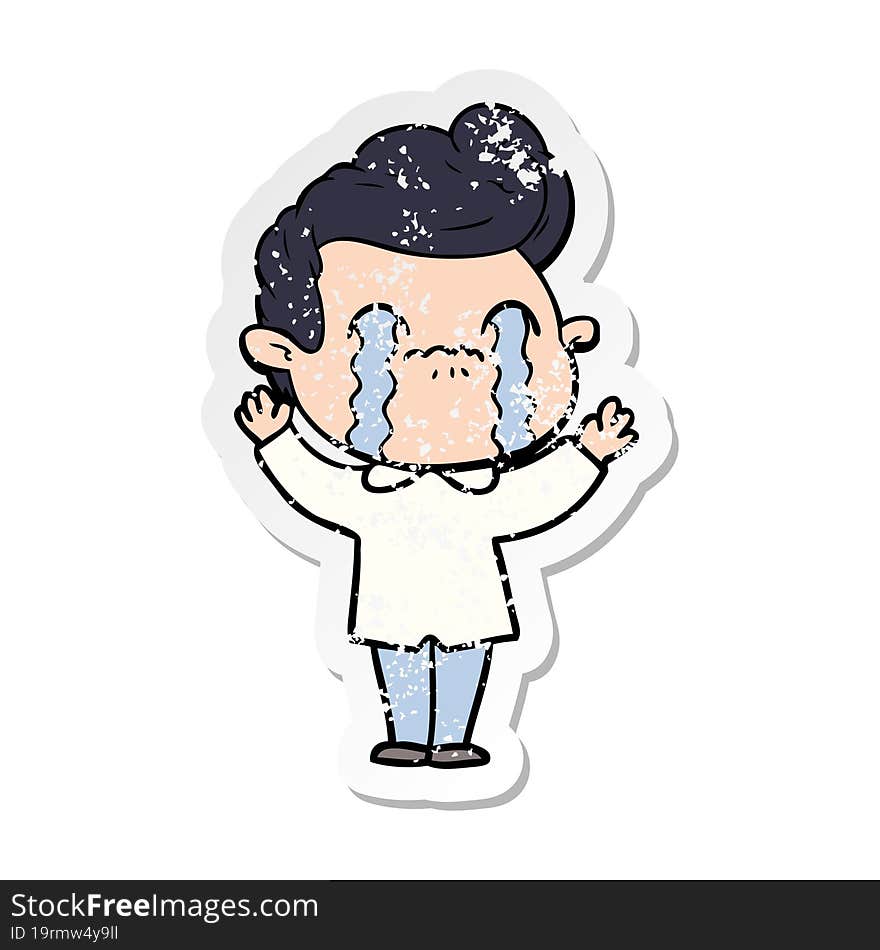 distressed sticker of a cartoon man crying