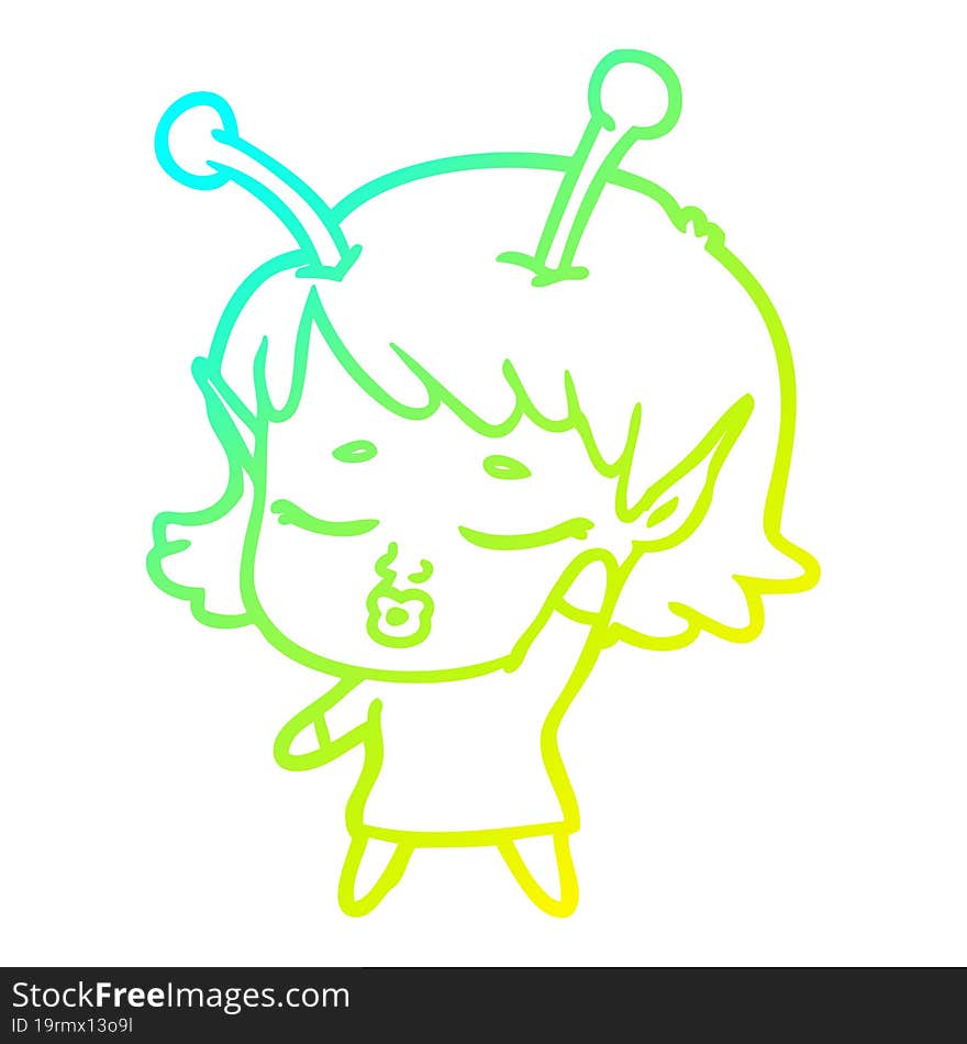 Cold Gradient Line Drawing Cute Alien Girl Cartoon