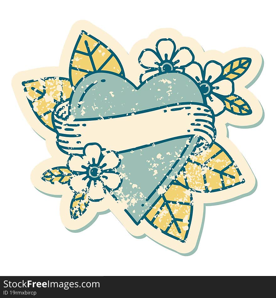 Distressed Sticker Tattoo Style Icon Of A Heart And Banner