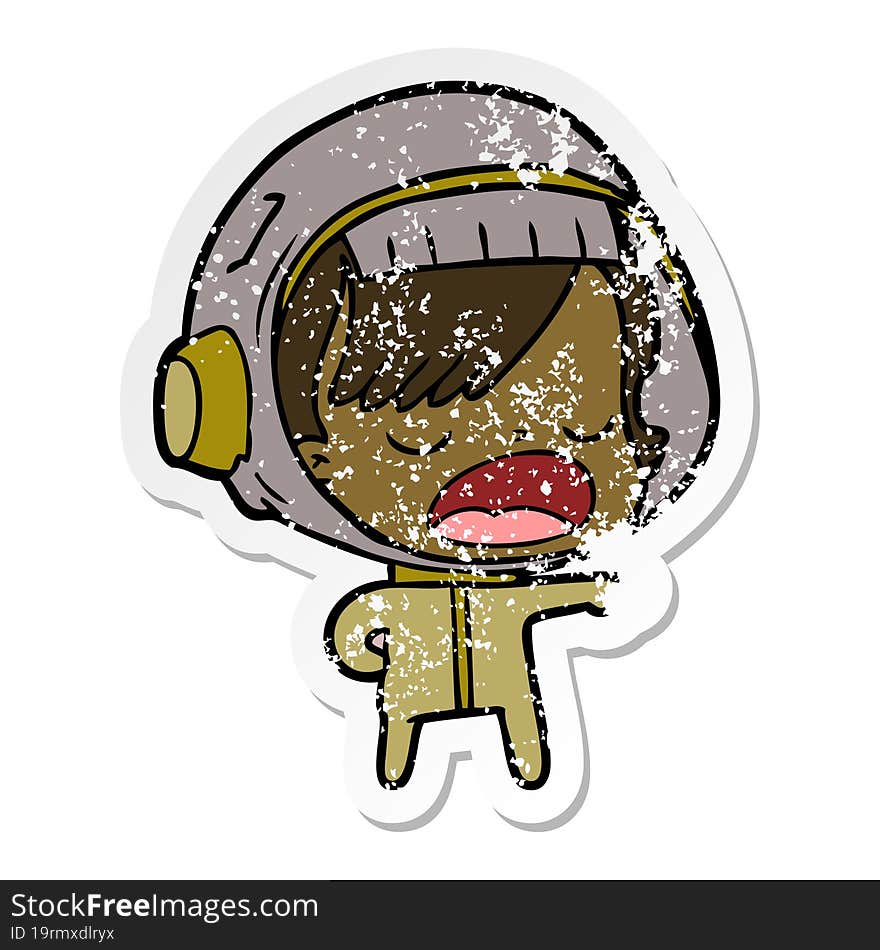 distressed sticker of a cartoon astronaut woman explaining