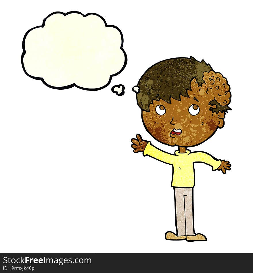 cartoon boy with growth on head with thought bubble