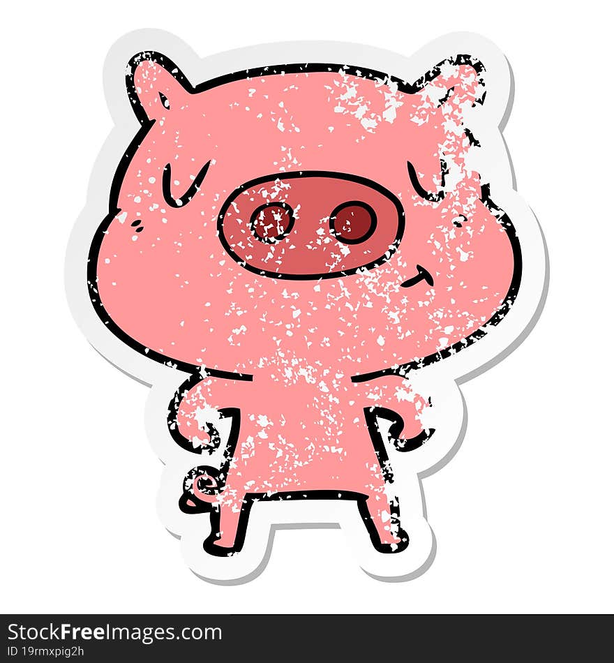 Distressed Sticker Of A Cartoon Content Pig