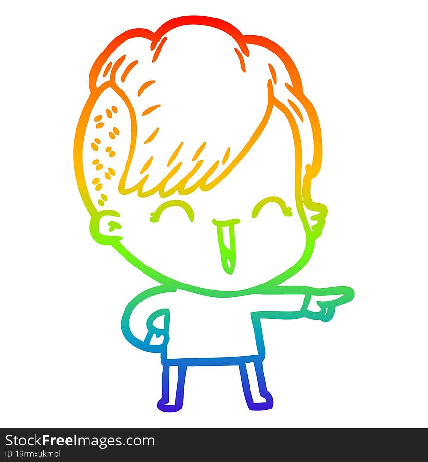 rainbow gradient line drawing of a cartoon happy hipster girl