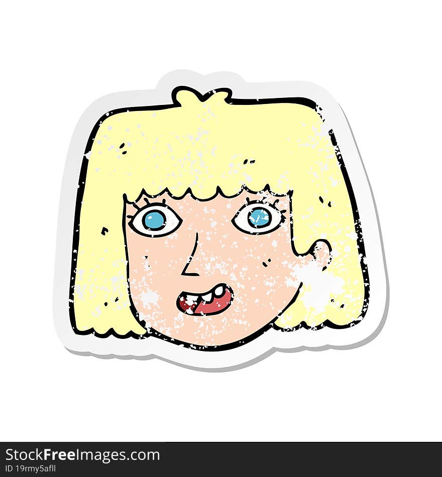 retro distressed sticker of a cartoon happy female face