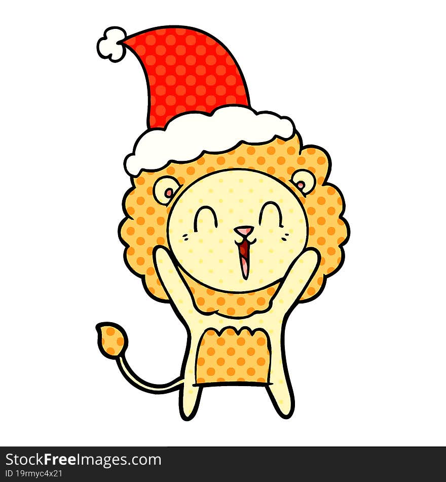 Laughing Lion Comic Book Style Illustration Of A Wearing Santa Hat