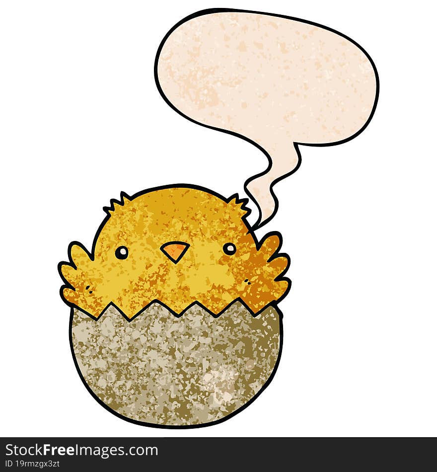 cartoon chick hatching from egg with speech bubble in retro texture style