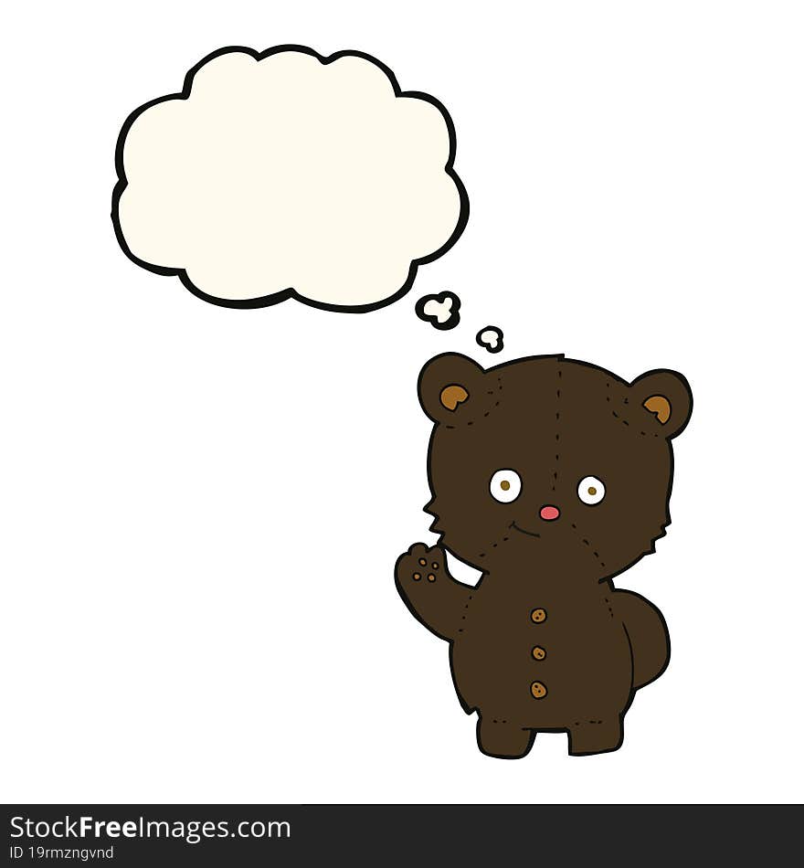 cartoon waving black bear cub with thought bubble