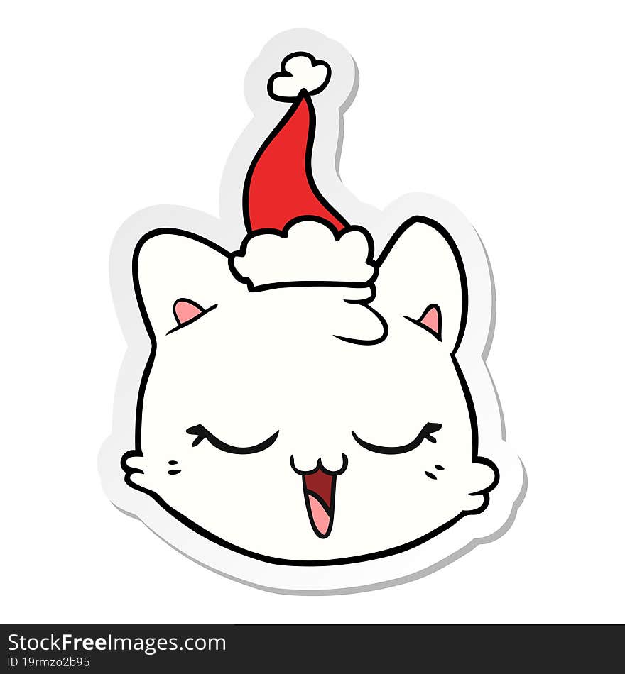 hand drawn sticker cartoon of a cat face wearing santa hat