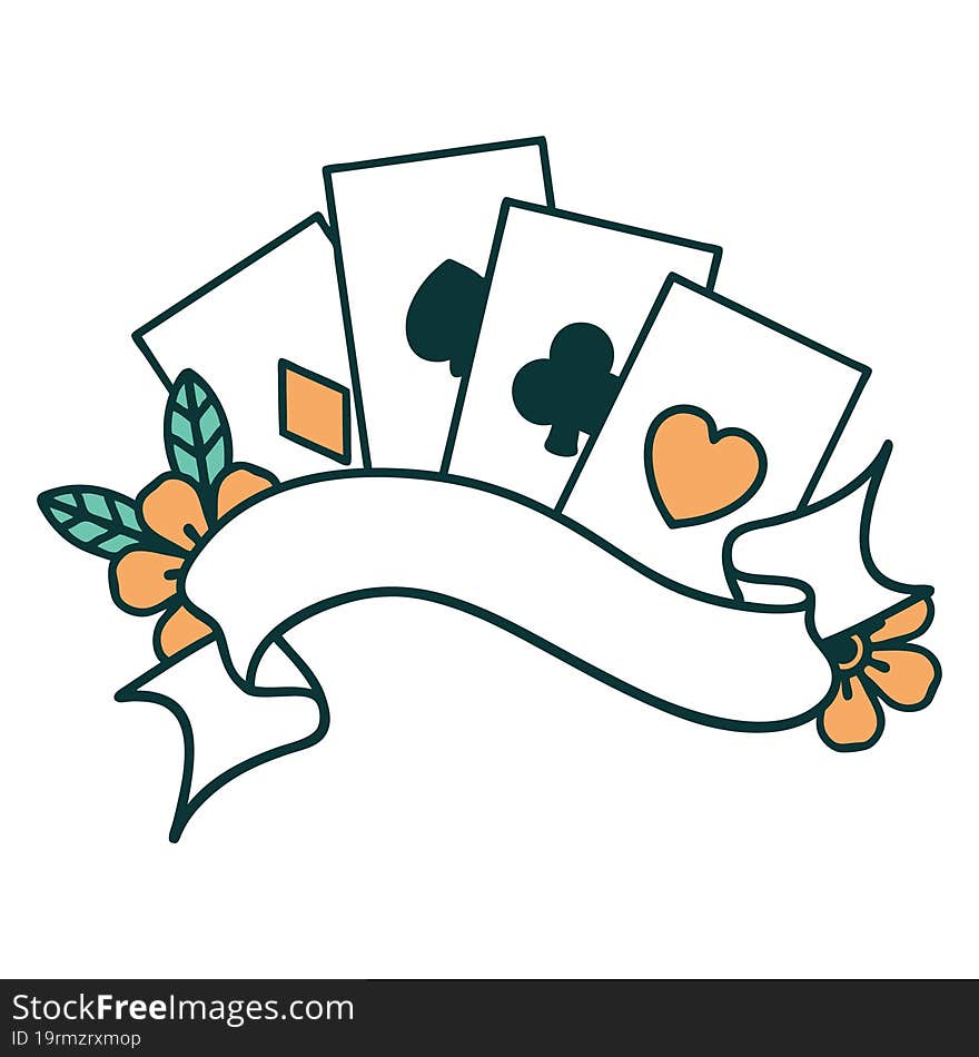 iconic tattoo style image of cards and banner with flowers. iconic tattoo style image of cards and banner with flowers