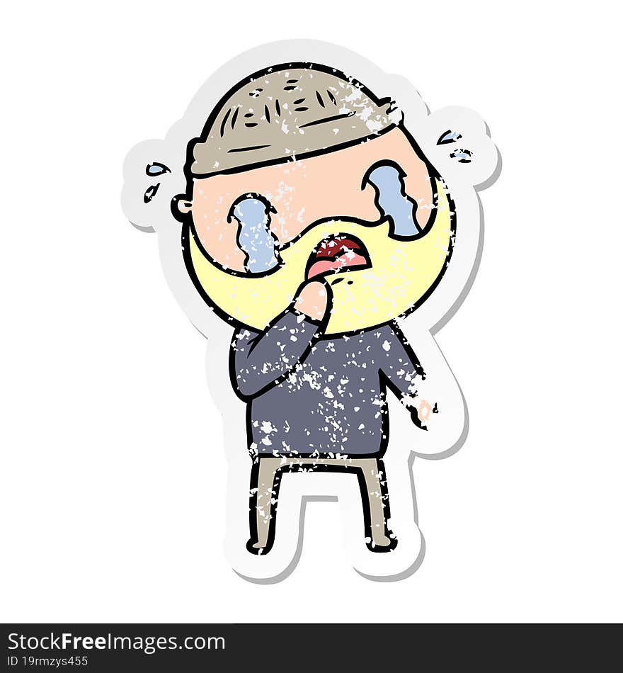 distressed sticker of a cartoon bearded man crying