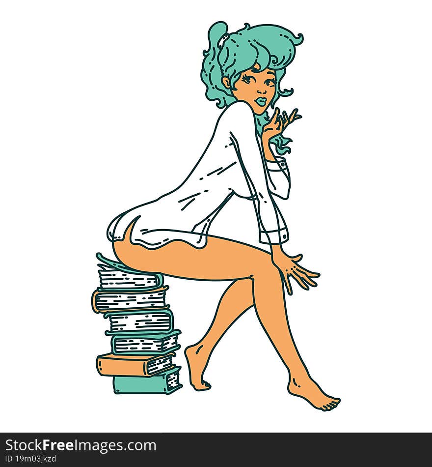 iconic tattoo style image of a pinup girl sitting on books. iconic tattoo style image of a pinup girl sitting on books