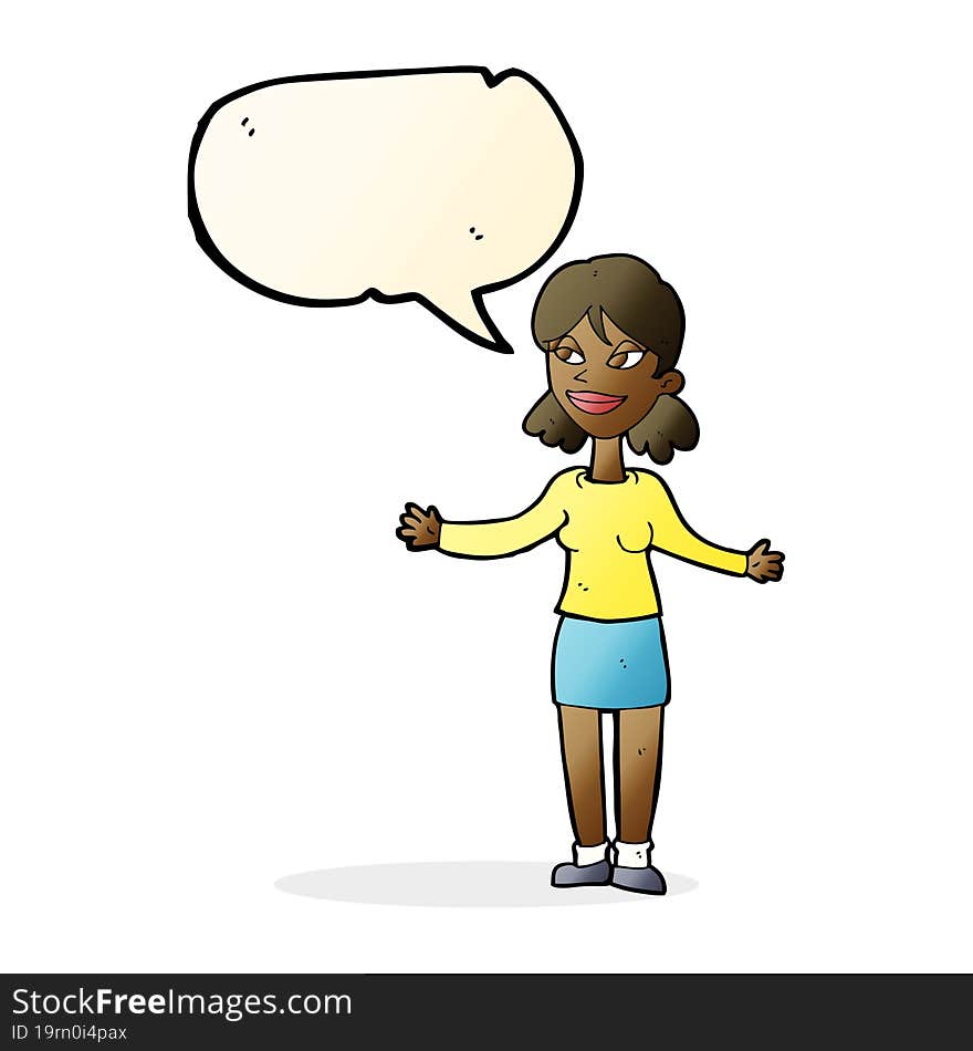 cartoon happy woman shrugging shoulders with speech bubble