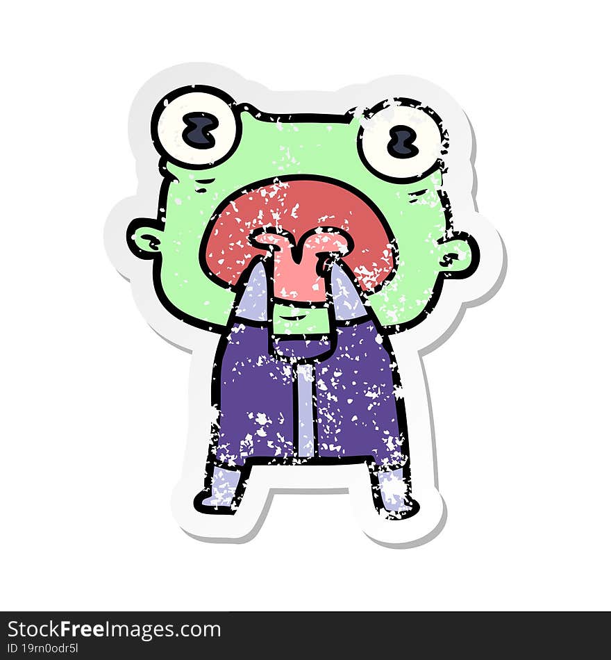 distressed sticker of a cartoon weird alien communicating