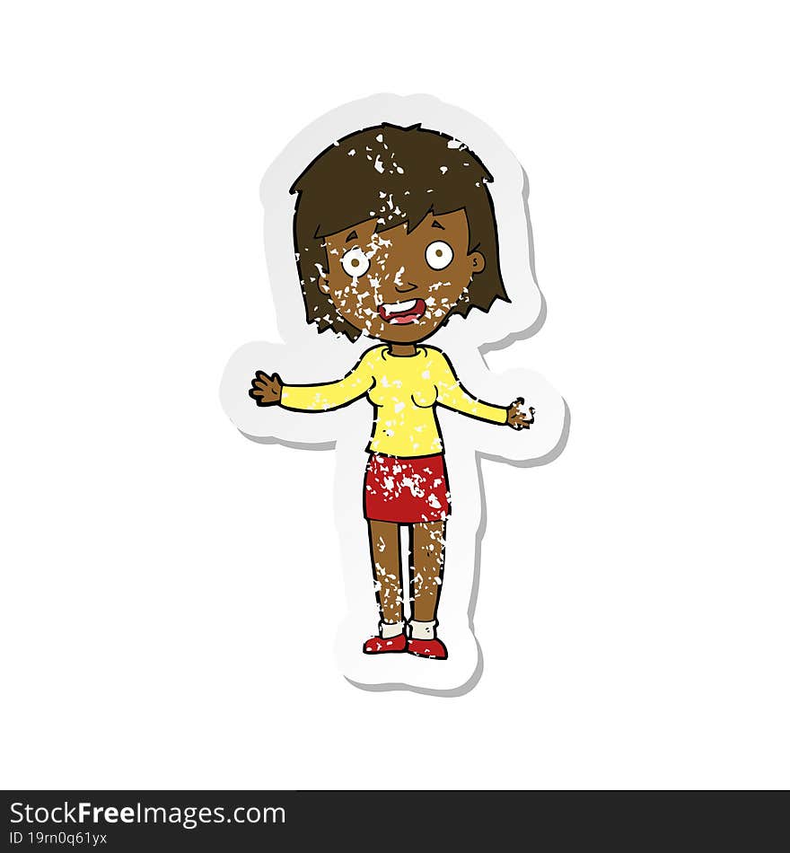 Retro Distressed Sticker Of A Cartoon Excited Woman