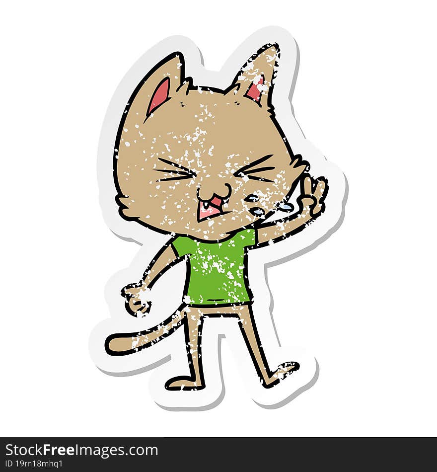 distressed sticker of a cartoon cat hissing