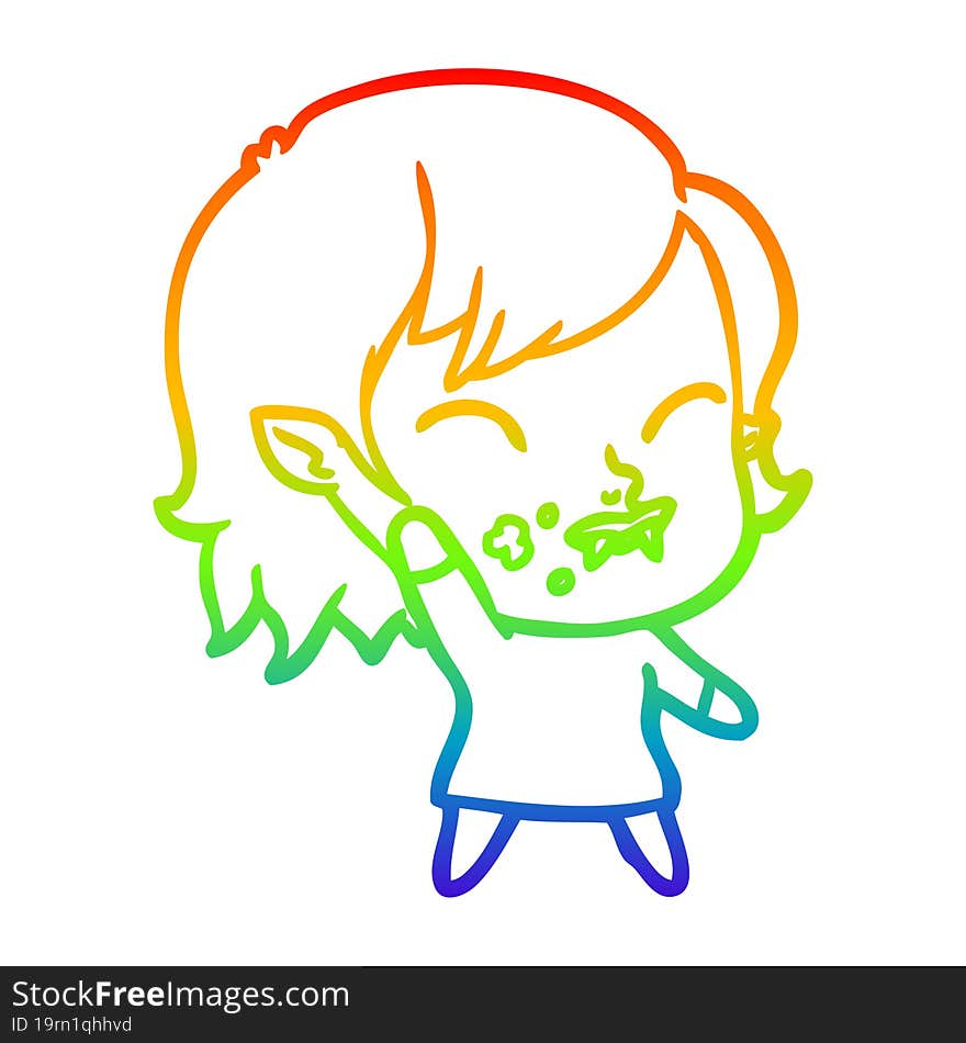 rainbow gradient line drawing cartoon vampire girl with blood on cheek