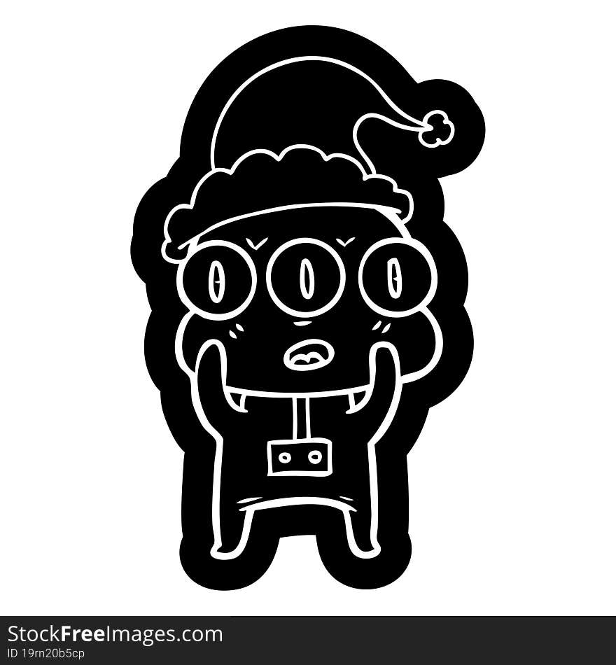 Cartoon Icon Of A Three Eyed Alien Wearing Santa Hat