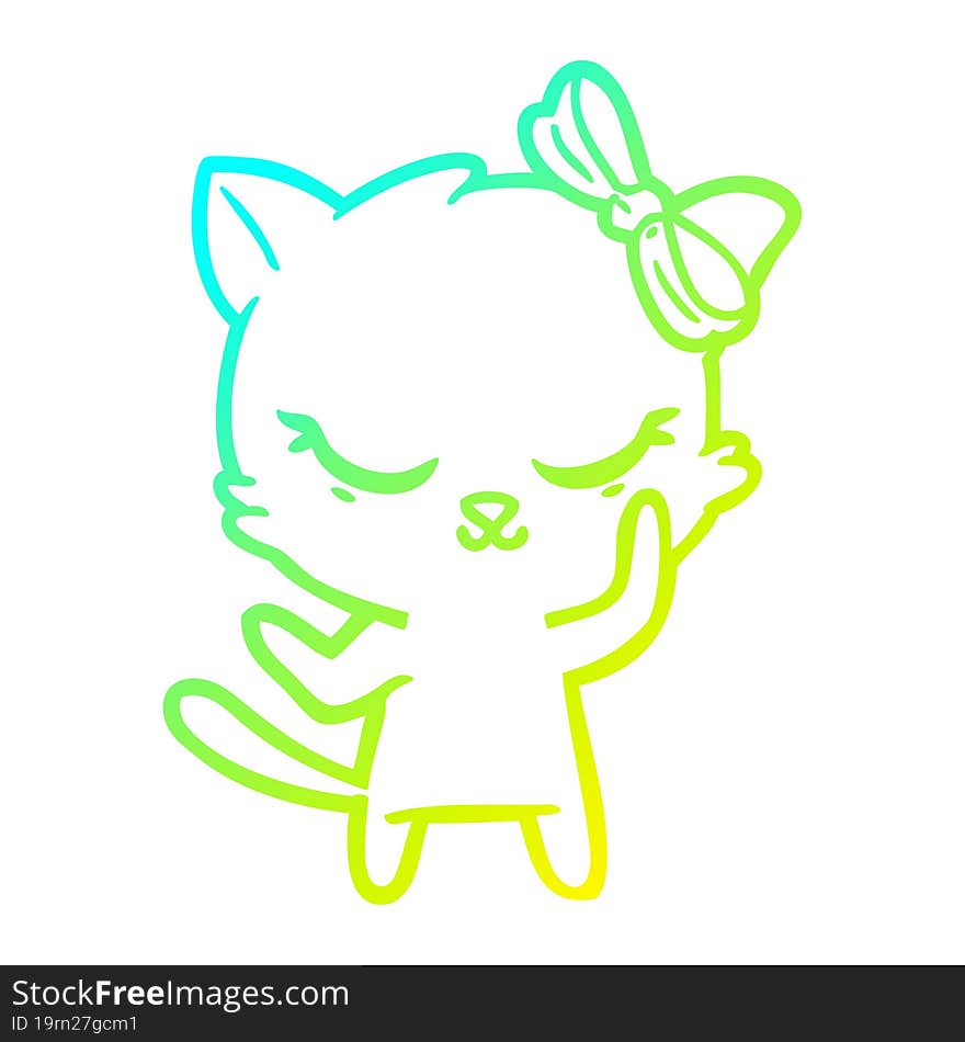 cold gradient line drawing cute cartoon cat with bow