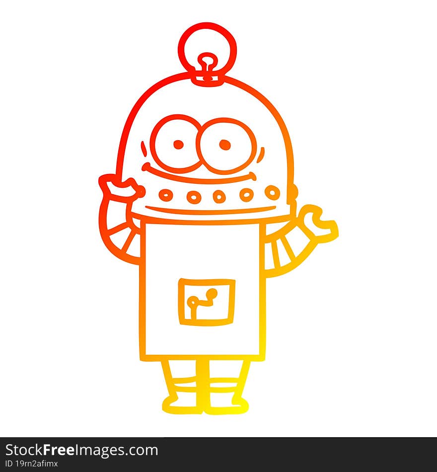 warm gradient line drawing of a happy carton robot with light bulb