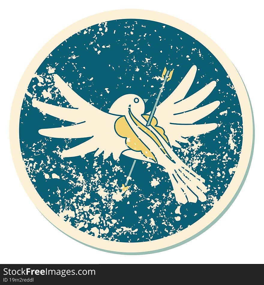 distressed sticker tattoo style icon of a dove pierced with arrow