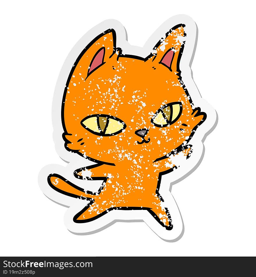 distressed sticker of a cartoon cat staring