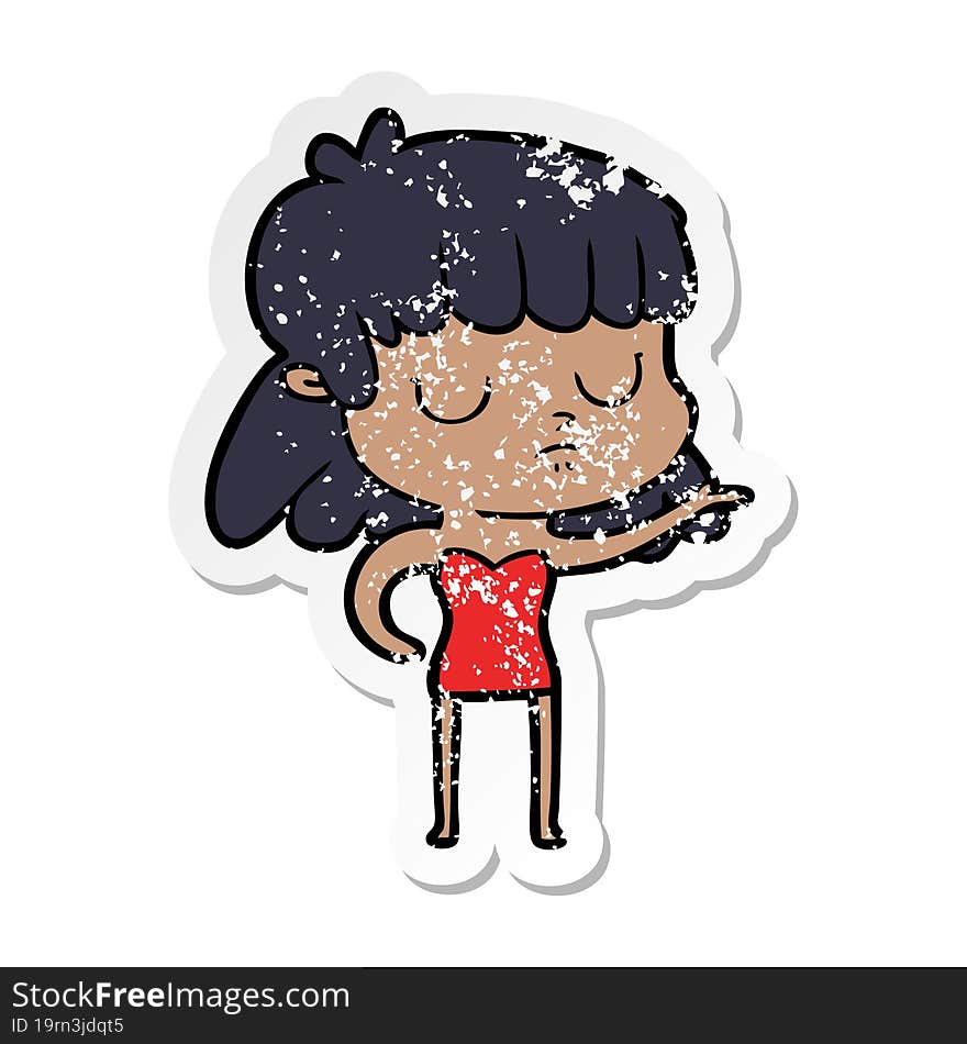 distressed sticker of a cartoon indifferent woman