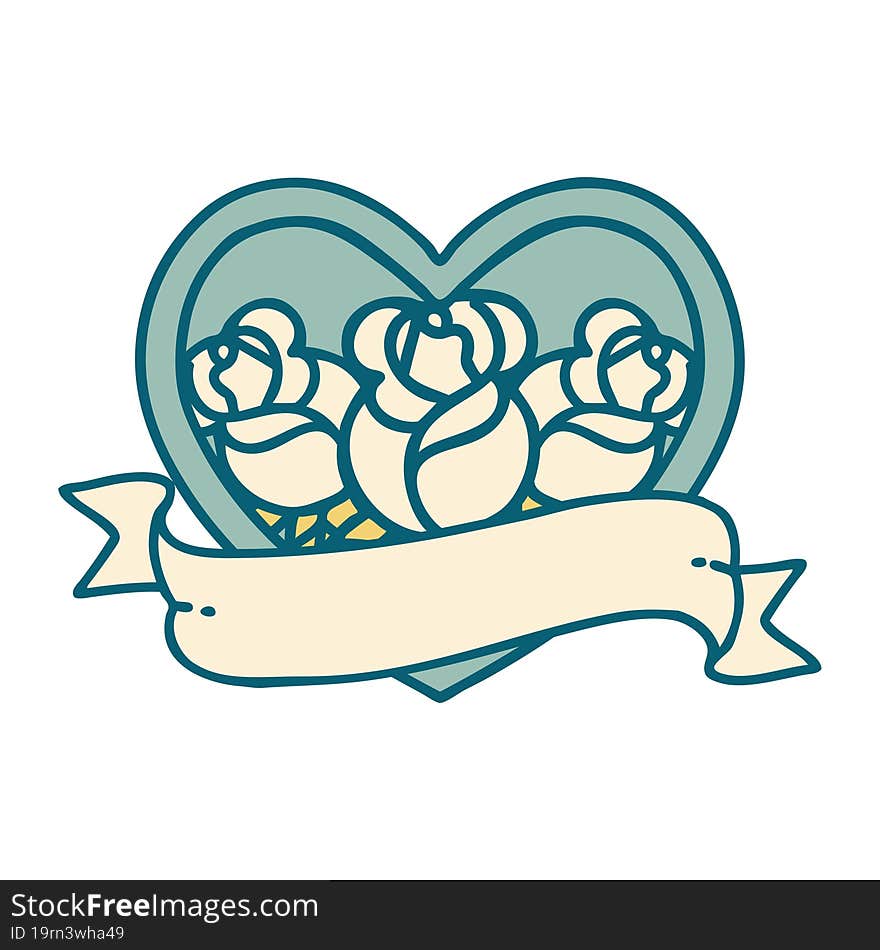 Tattoo Style Icon Of A Heart And Banner With Flowers