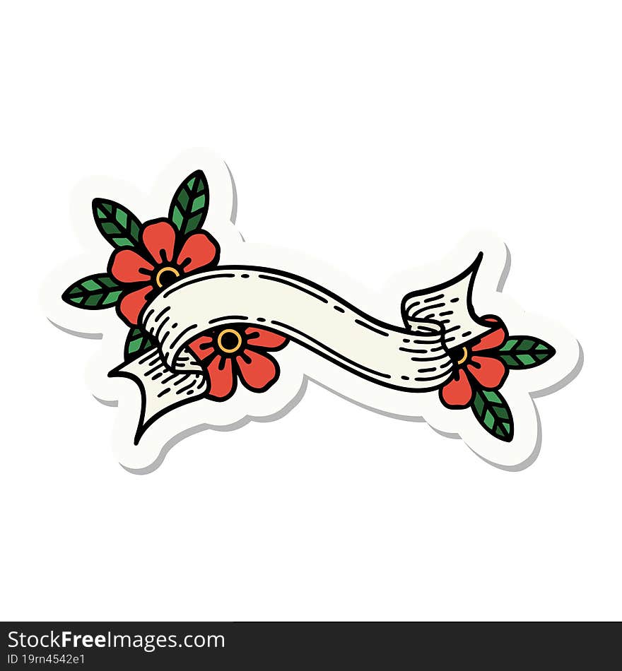 sticker of tattoo in traditional style of a banner and flowers. sticker of tattoo in traditional style of a banner and flowers