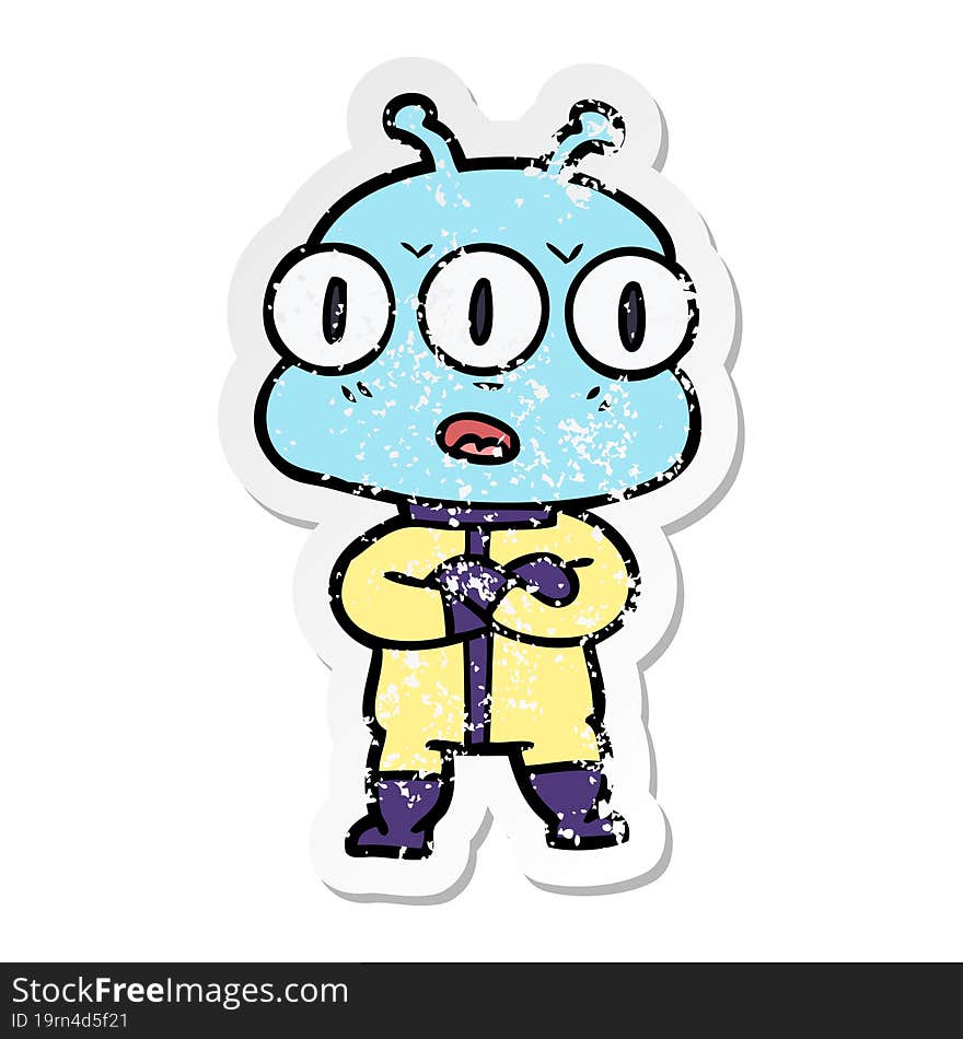 distressed sticker of a cartoon three eyed alien