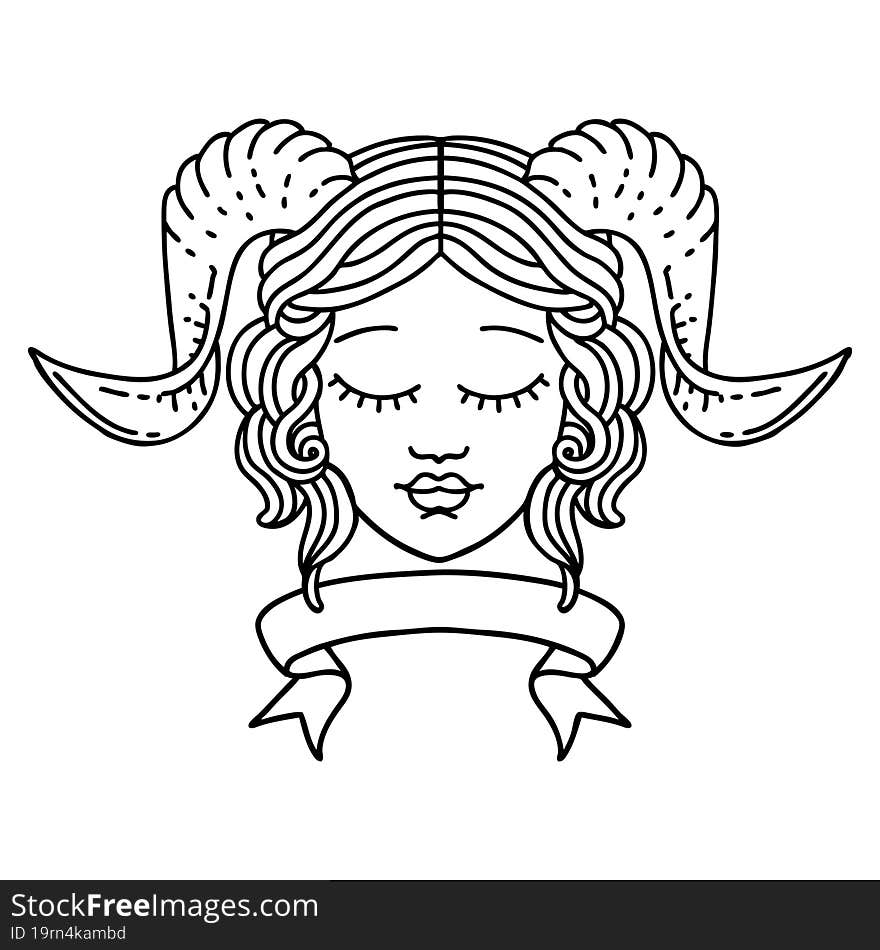 Black and White Tattoo linework Style tiefling character face with scroll banner. Black and White Tattoo linework Style tiefling character face with scroll banner