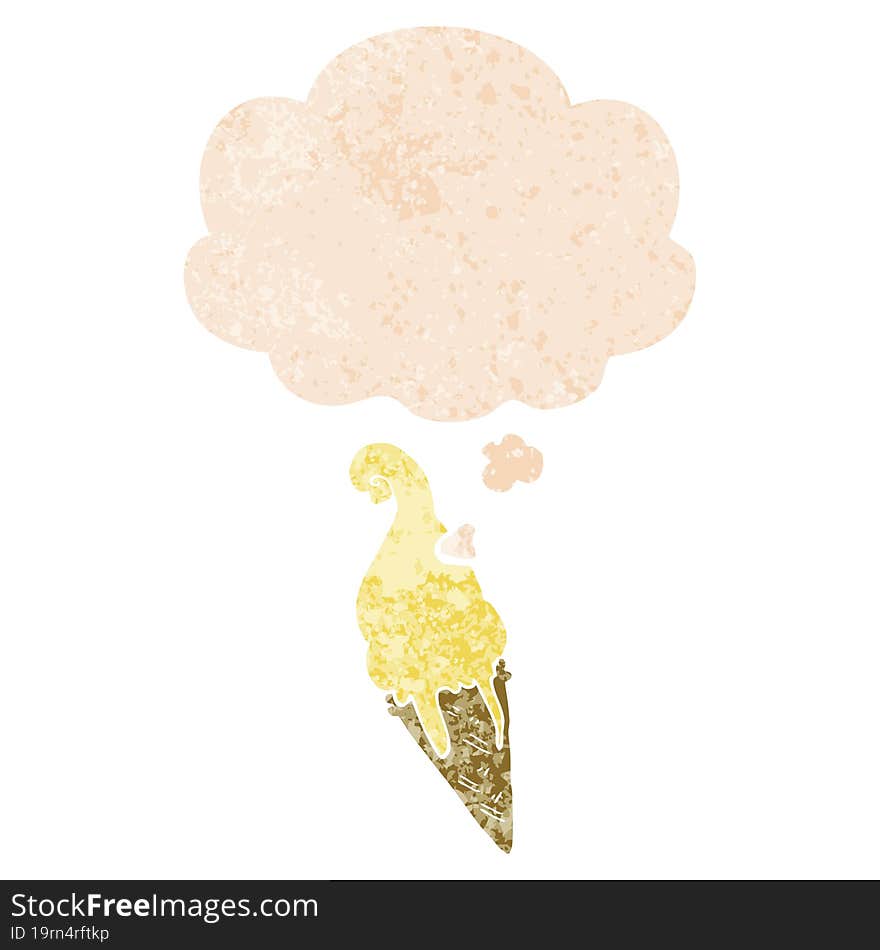 cartoon ice cream and thought bubble in retro textured style