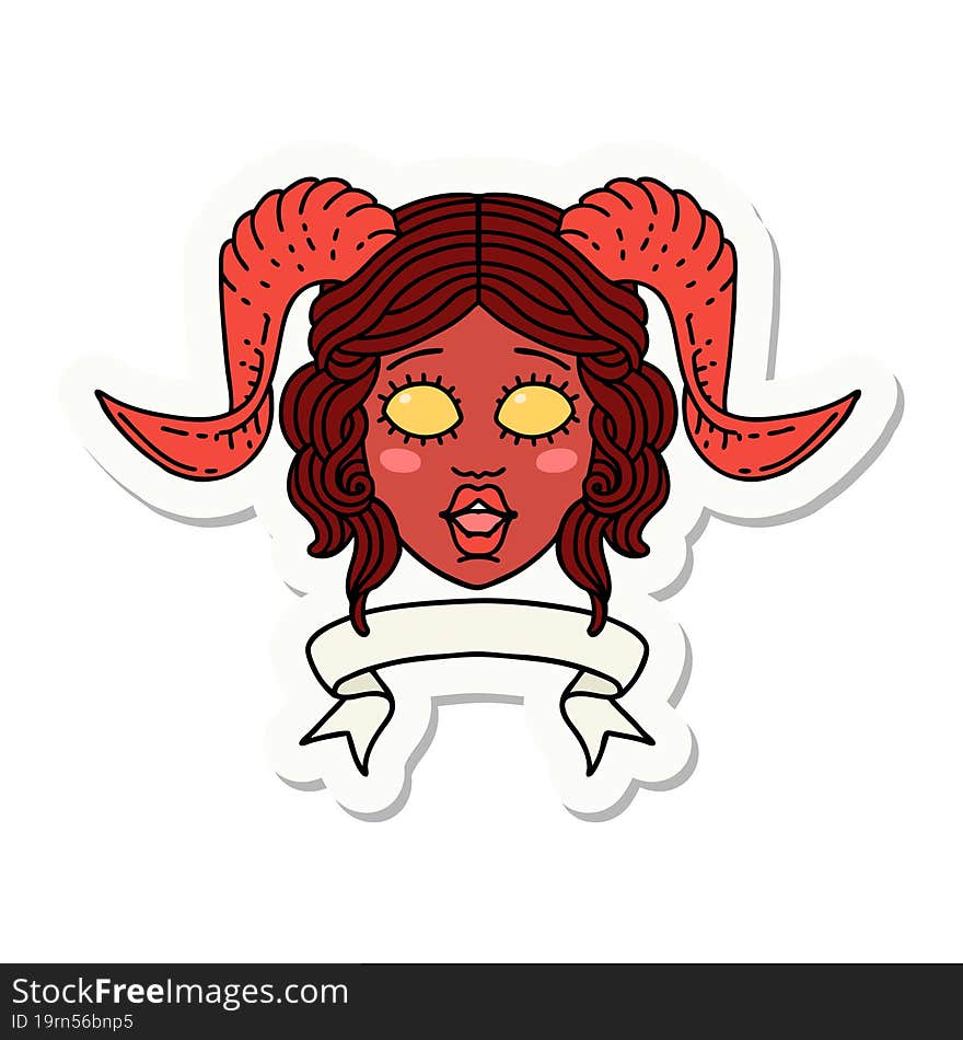 tiefling character face with scroll banner sticker