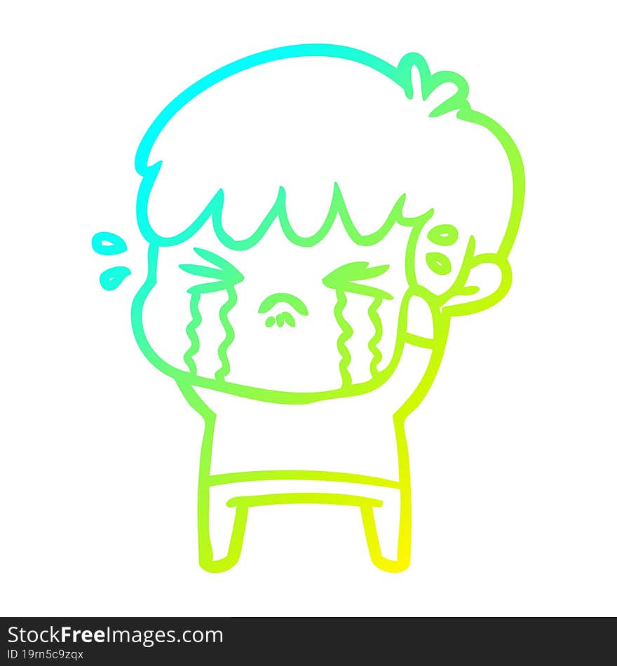 cold gradient line drawing of a cartoon boy crying