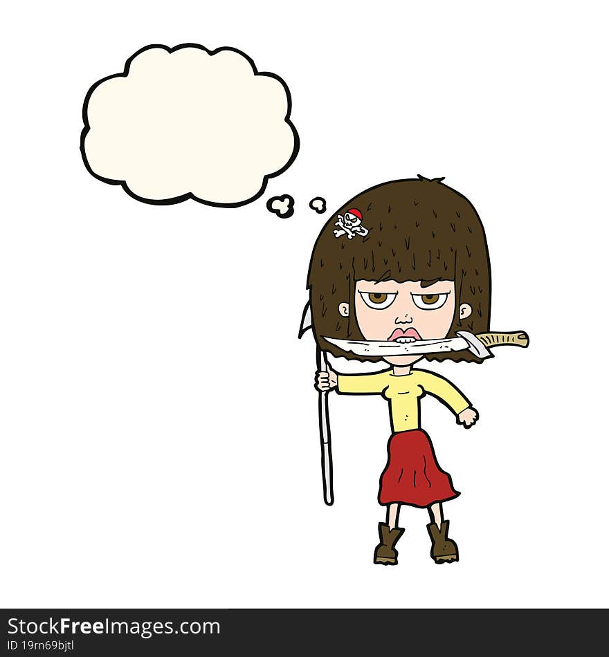 cartoon woman with knife and harpoon with thought bubble