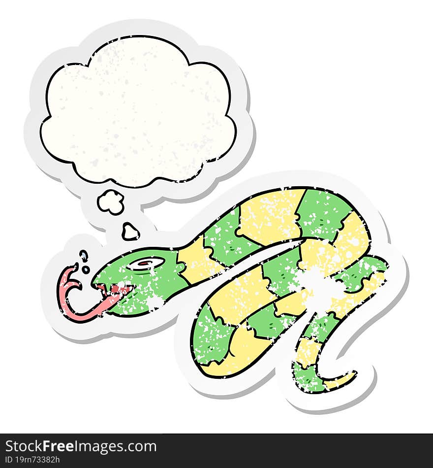 cartoon hissing snake and thought bubble as a distressed worn sticker