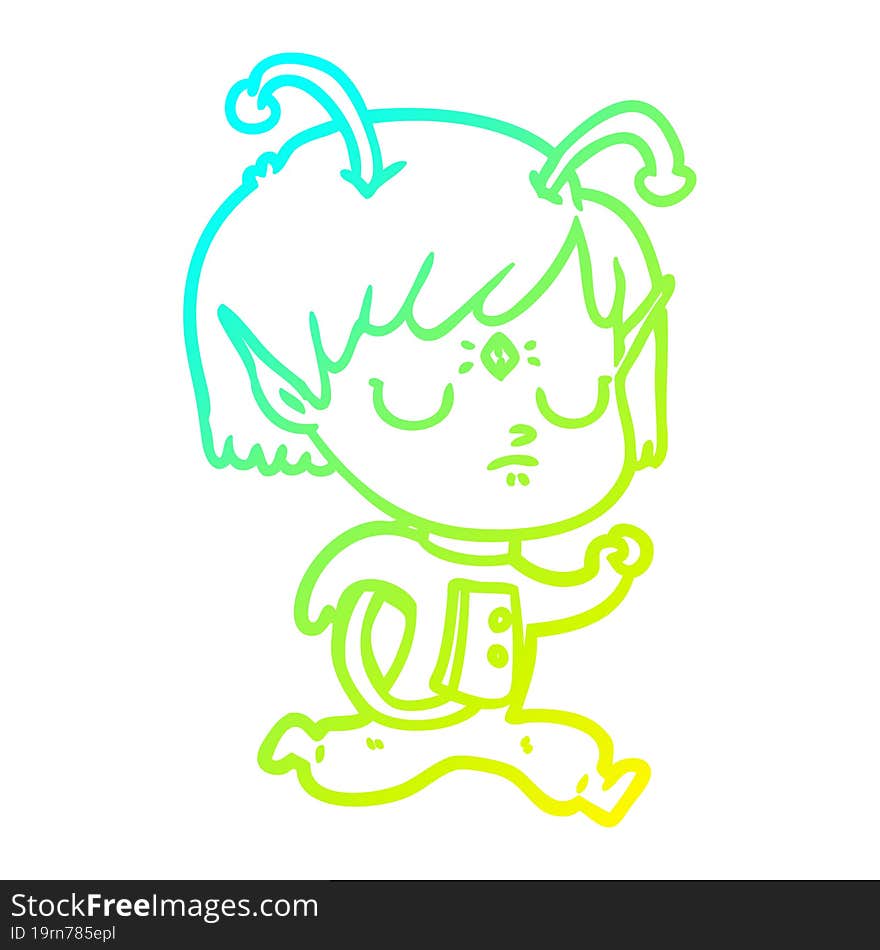 Cold Gradient Line Drawing Cartoon Alien Girl