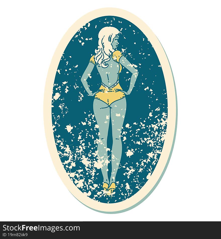distressed sticker tattoo in traditional style of a pinup swimsuit girl. distressed sticker tattoo in traditional style of a pinup swimsuit girl