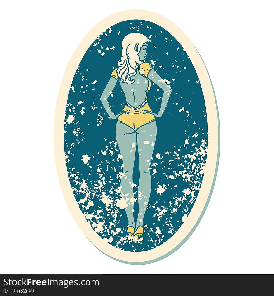 Distressed Sticker Tattoo Style Icon Of A Pinup Swimsuit Girl