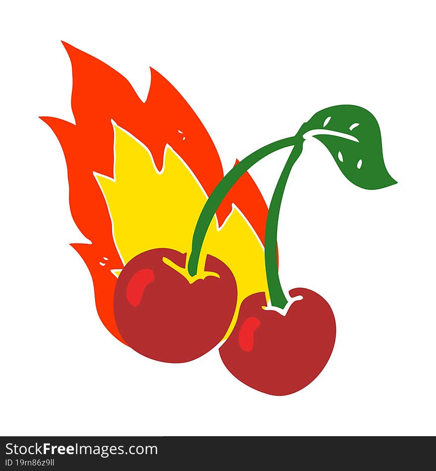 flat color illustration of a cartoon flaming cherries