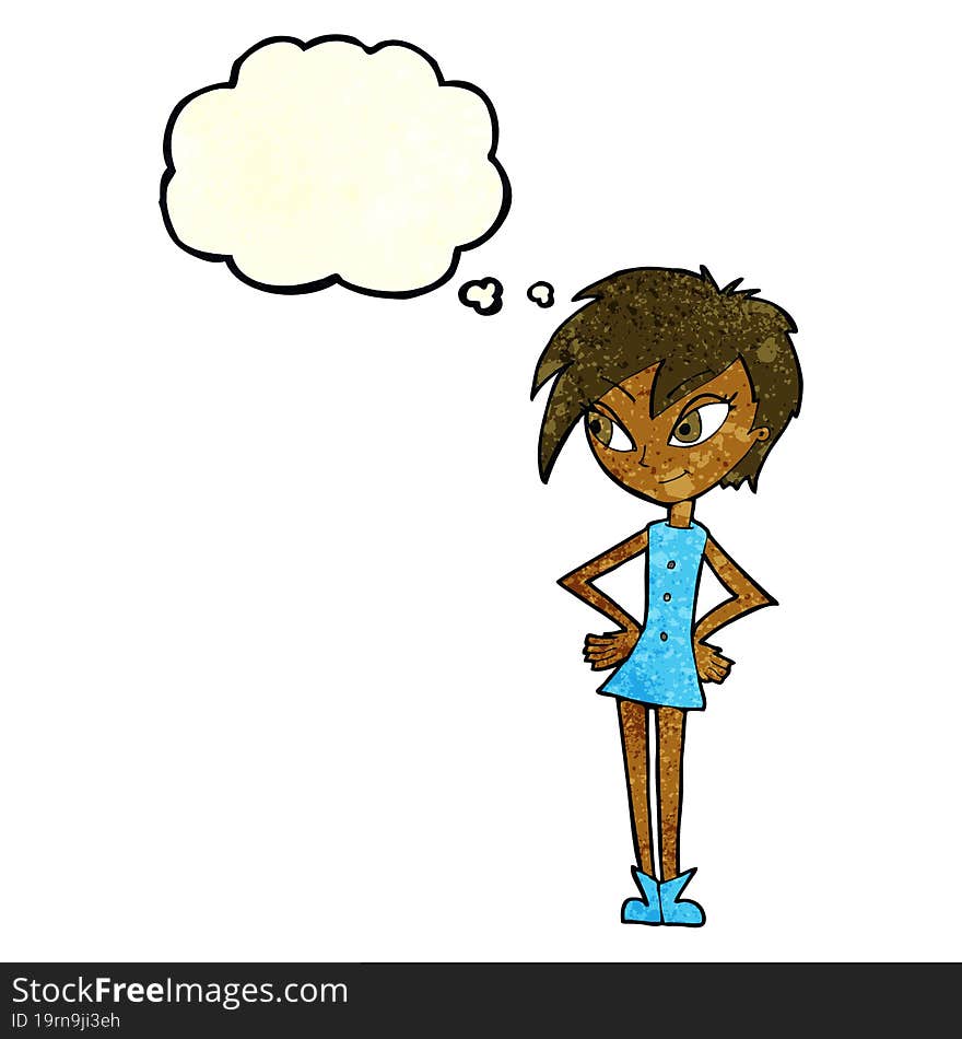 cartoon girl with hands on hips with thought bubble