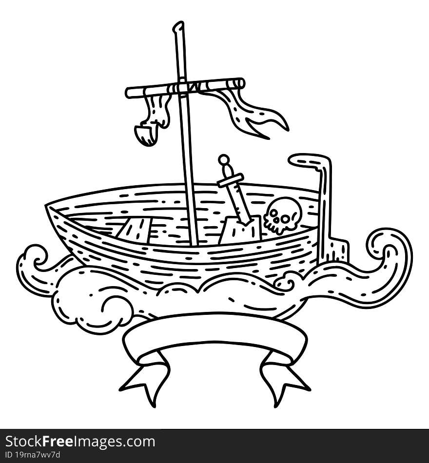 scroll banner with black line work tattoo style empty boat with skull