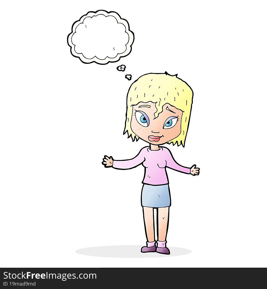 cartoon woman shrugging shoulders with thought bubble