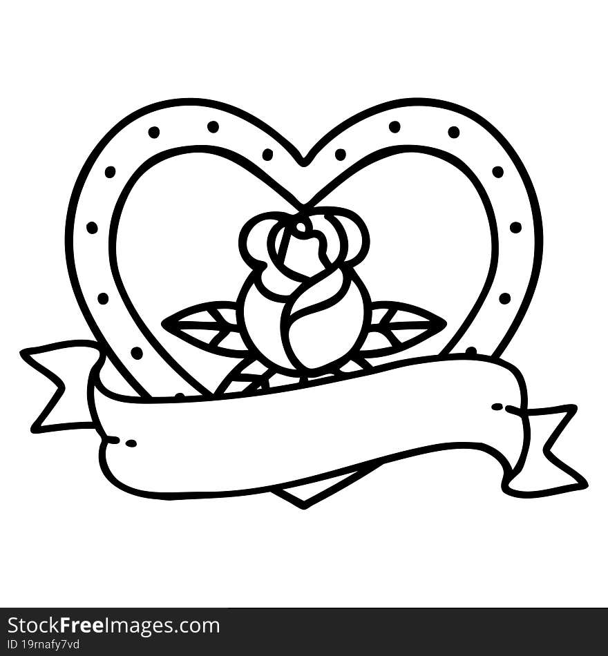 tattoo in black line style of a heart rose and banner. tattoo in black line style of a heart rose and banner