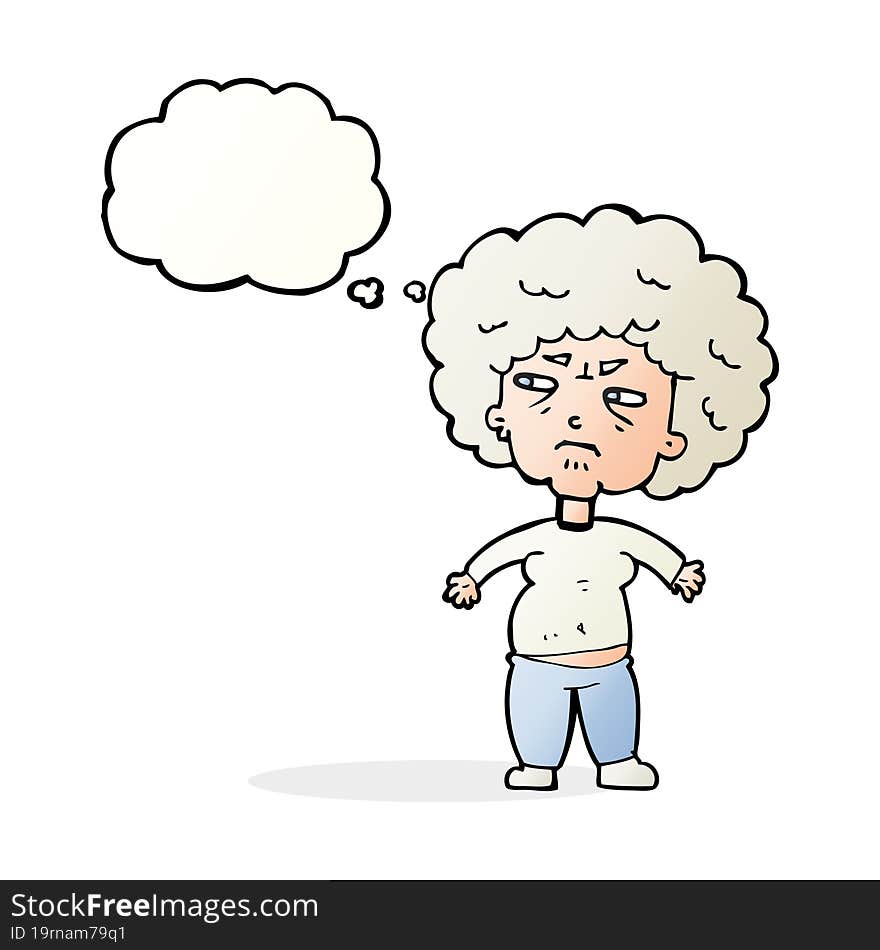 cartoon annoyed old woman with thought bubble