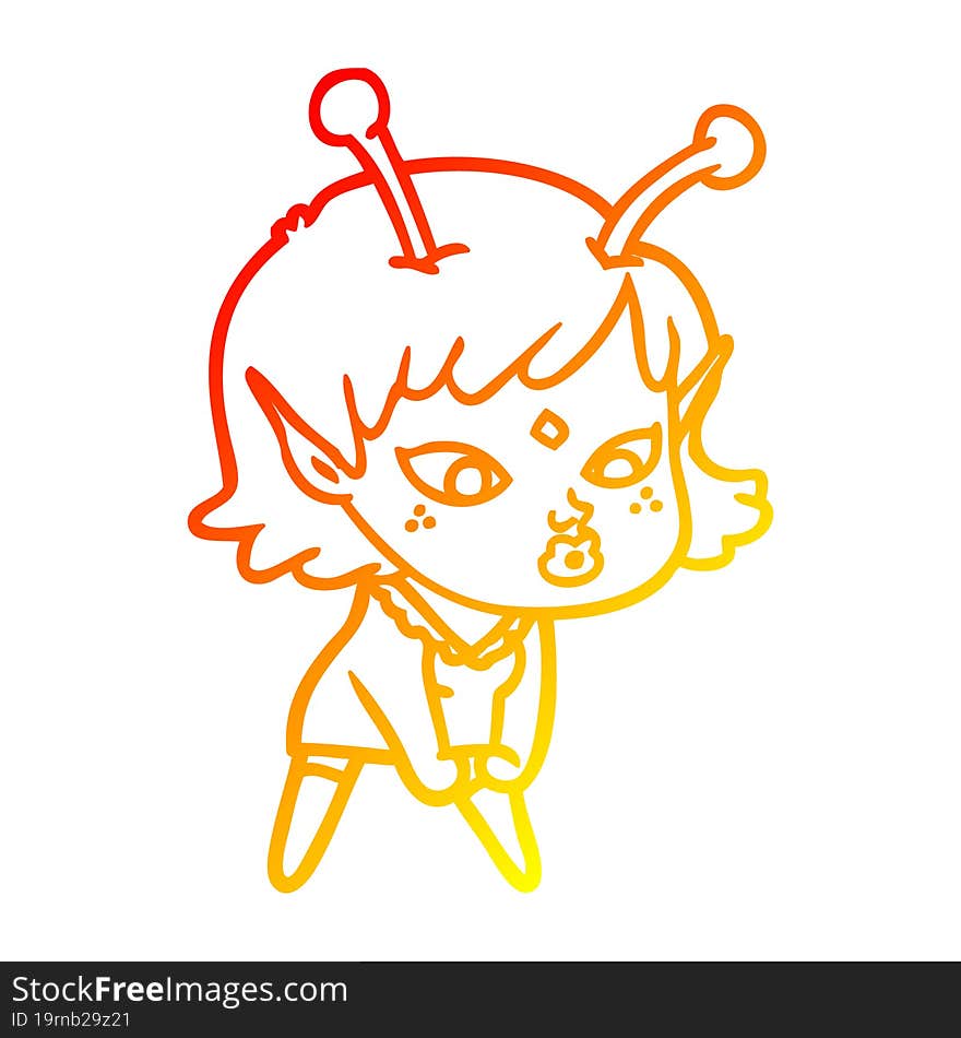 warm gradient line drawing pretty cartoon alien girl