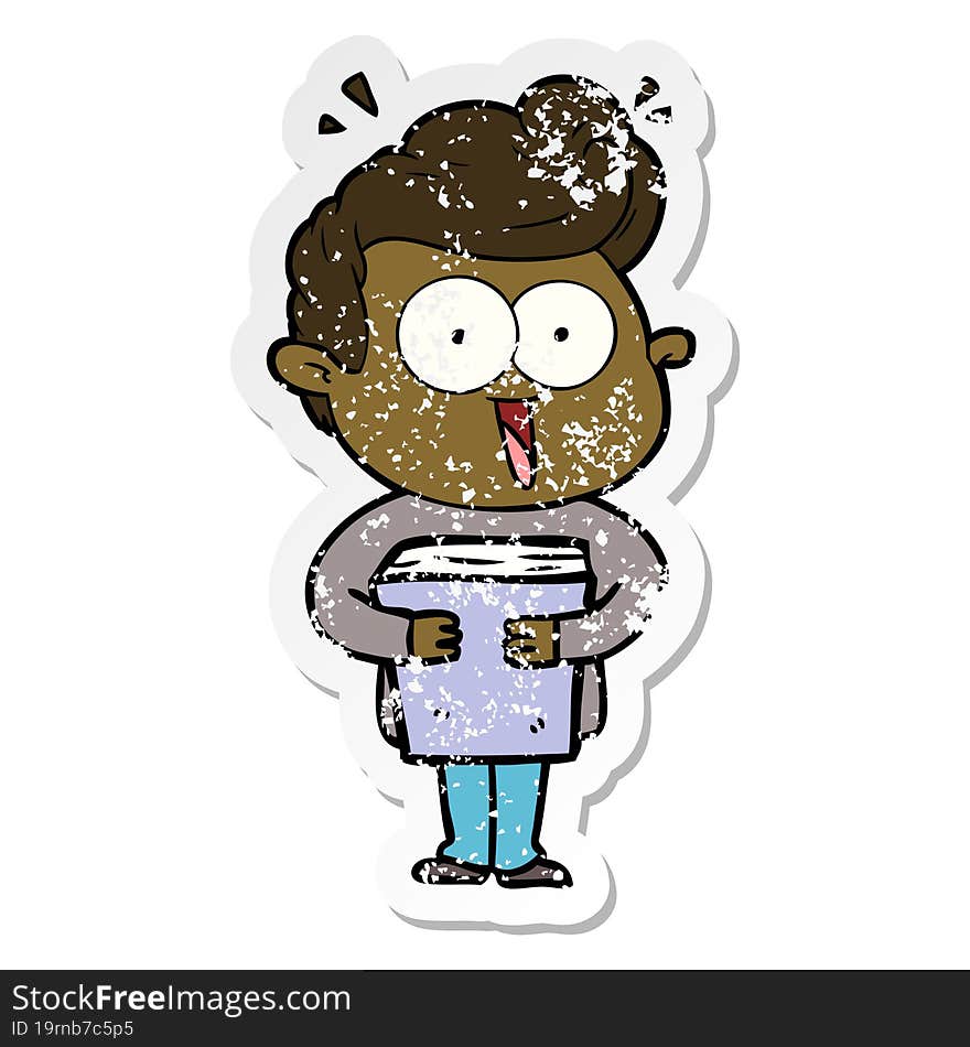 distressed sticker of a cartoon man with book