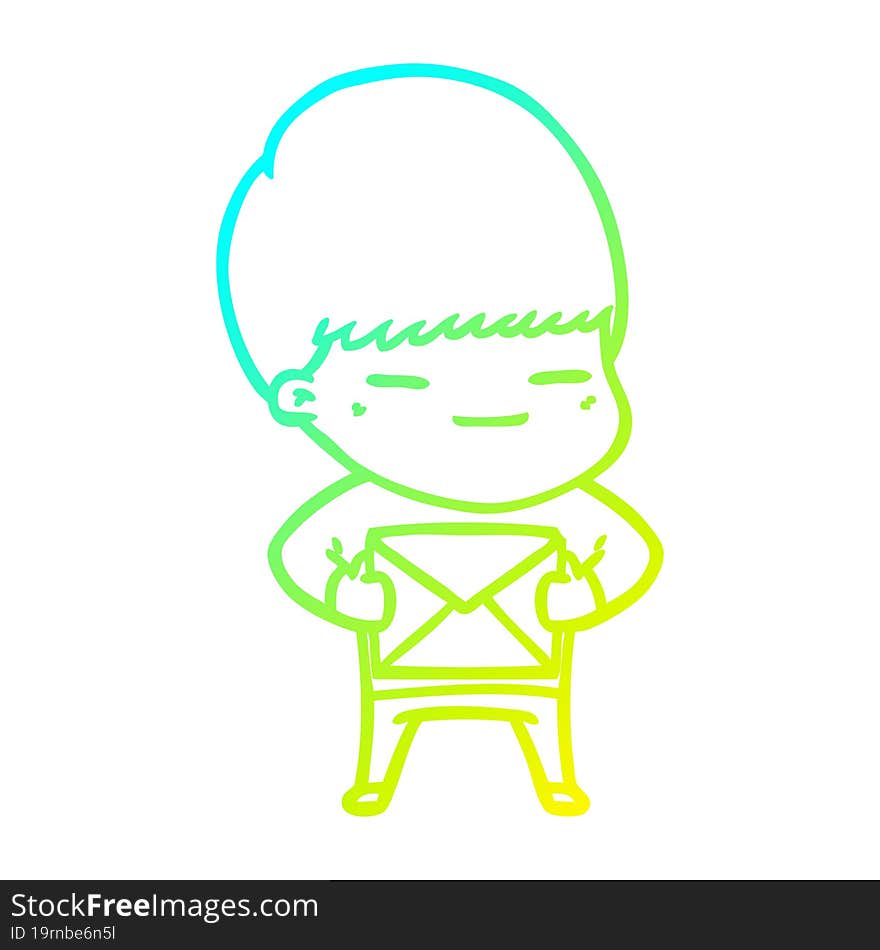 Cold Gradient Line Drawing Cartoon Smug Boy Carrying Present