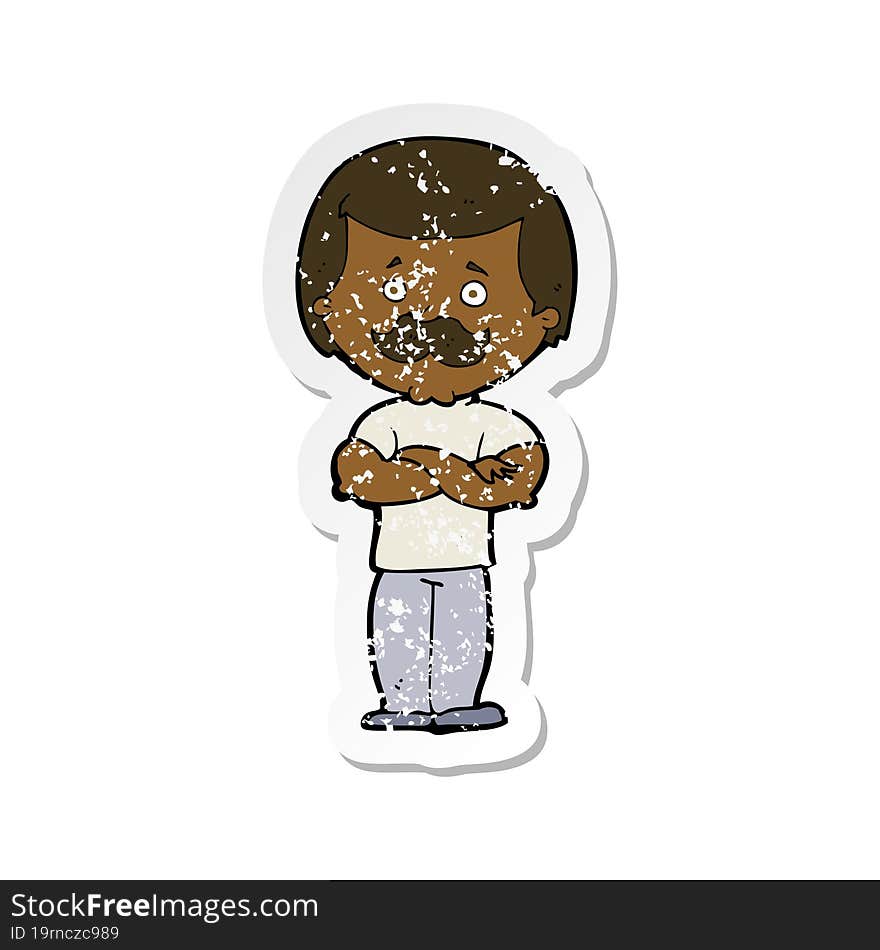 retro distressed sticker of a cartoon manly mustache man