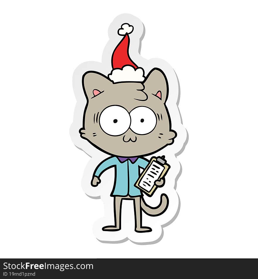 sticker cartoon of a surprised office worker cat wearing santa hat